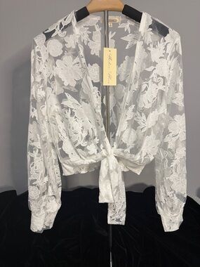 Amber Skies Sheer White Floral Tie-Front Blouse